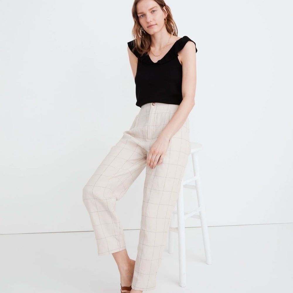 MADEWELL Linen Pleated Taper Wide-Leg Pants in Windowpane size 10